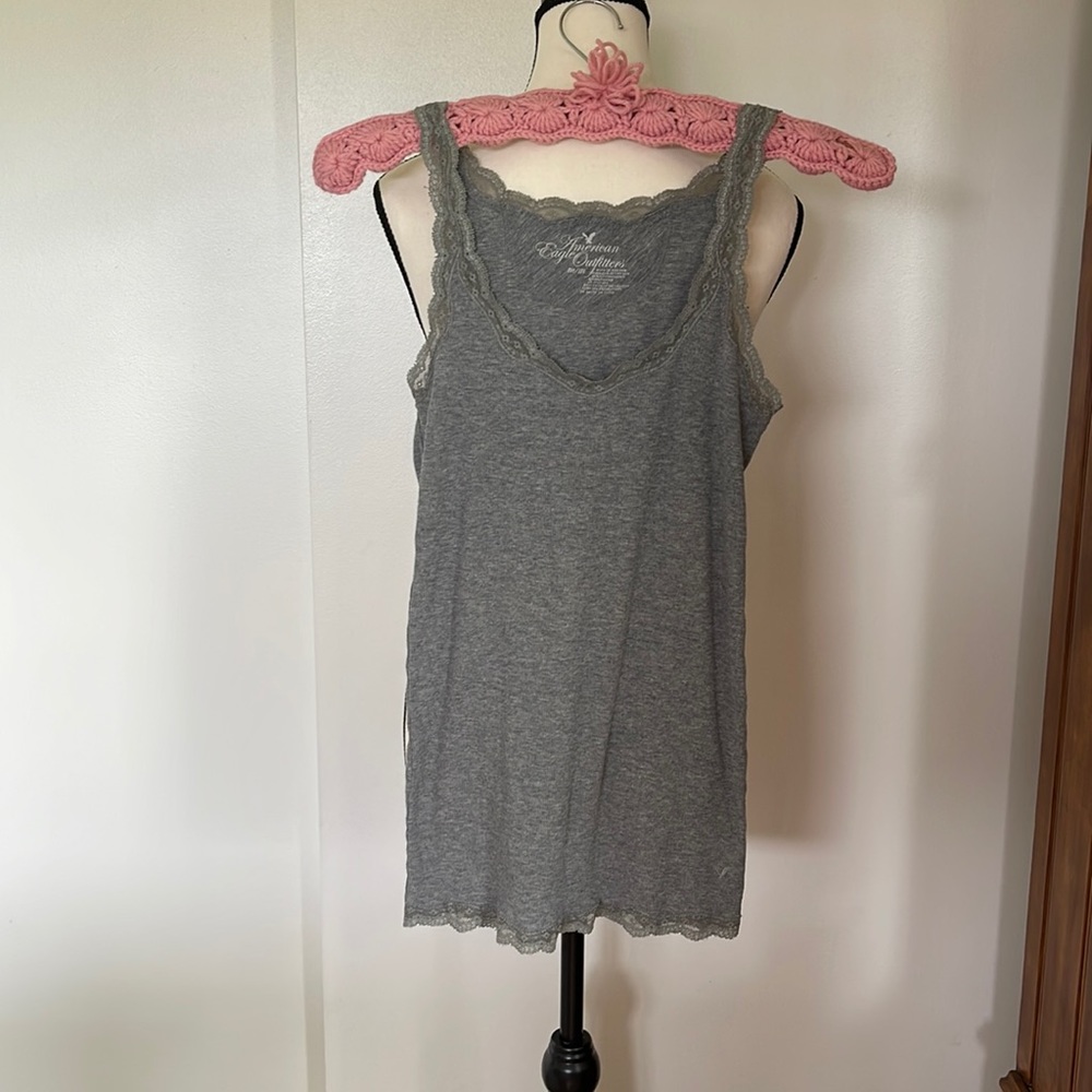 American Eagle Outfitters Medium Gray Lace Trim Tank Top